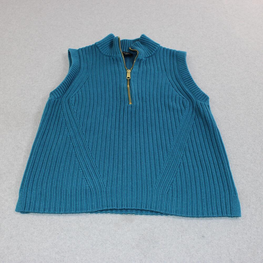 Talbots Sweater Vest Women Petite Medium Blue Mock Neck 1/2 Zip Ribbed Heritage